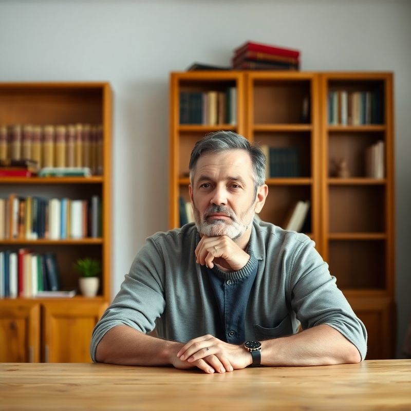 Portret editorial al unui om gânditor la un birou din lemn, lumină caldă