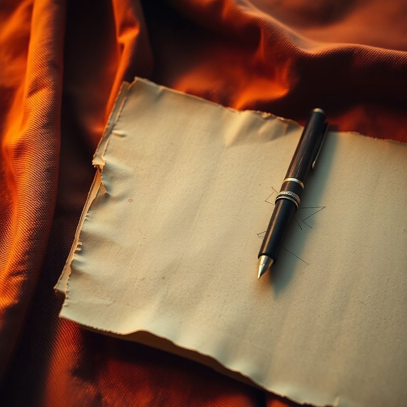 Document istoric îngălbenit și un stilou vintage pe textil ocru